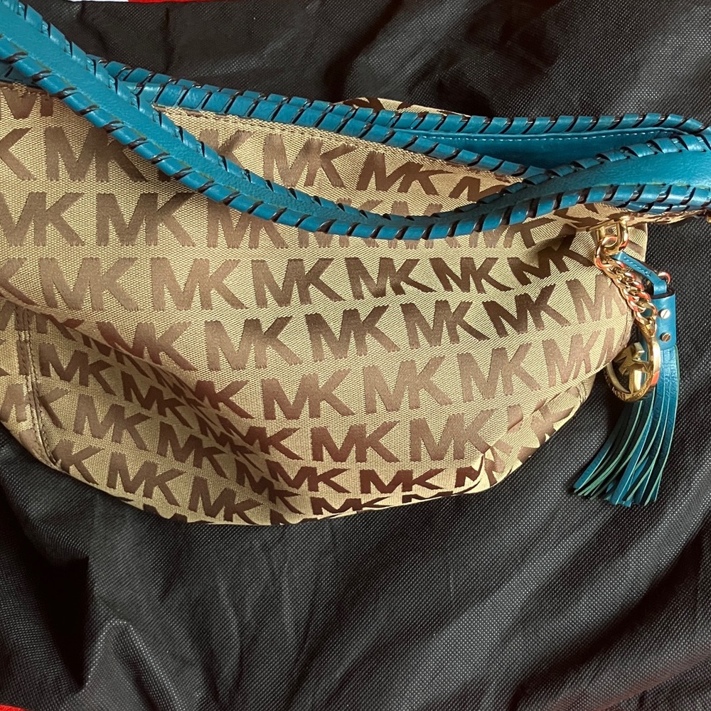 Michael Kors Beige Brown Logo Hobo with Turquoise Trim